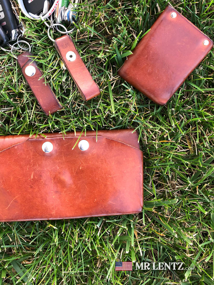 aged leather phone purse and patina on mens leather wallet