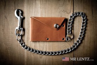 card wallet with stainless steel chain in brown leather