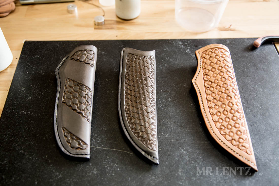 hand tooled knife sheaths before oiling and waxing