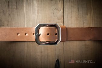 brown wide leather gun belt with banker buckle