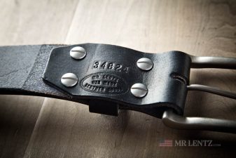 backside of black wide leather gun belt