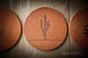 cactus branded on leather coaster