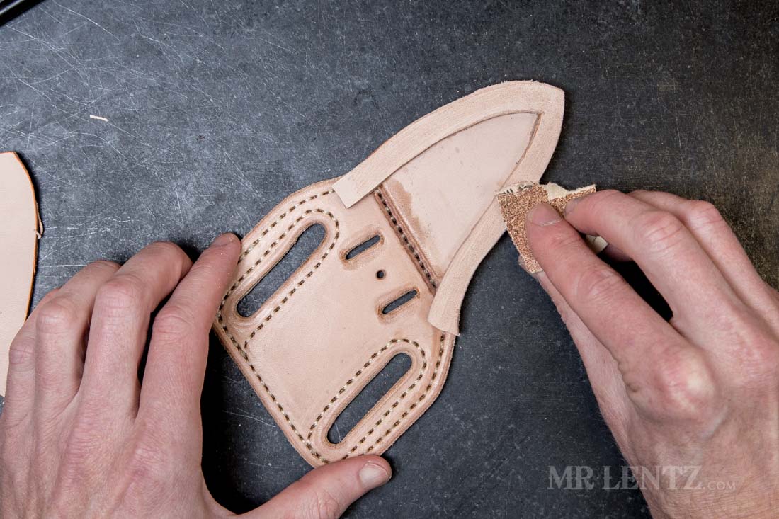 sanding a knife sheath welt