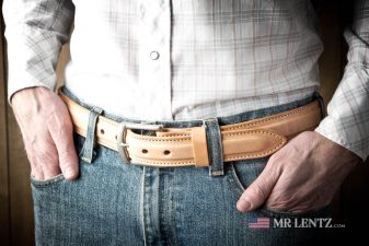 wearing a tan leather dress belt