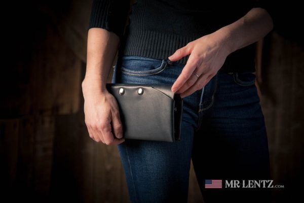 black leather phone clutch purse