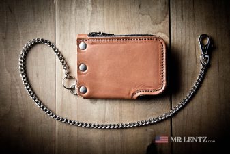 brown leather zip wallet with chain