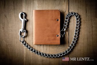 slim leather wallet with stainless steel chain usa made brown color