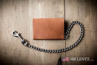 brown leather card wallet with stainless steel chain