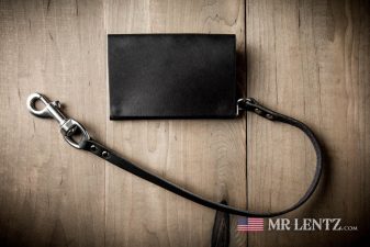 black leather chain on stash card wallet