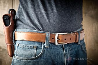 brown leather gun belt with steel core